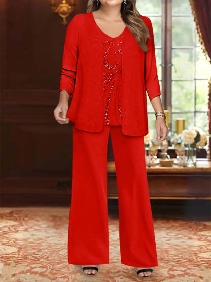 Plus Size 3-Piece Mother of the Bride Chiffon Pantsuit with V-Neck Floor-Length Jacket & Sequins