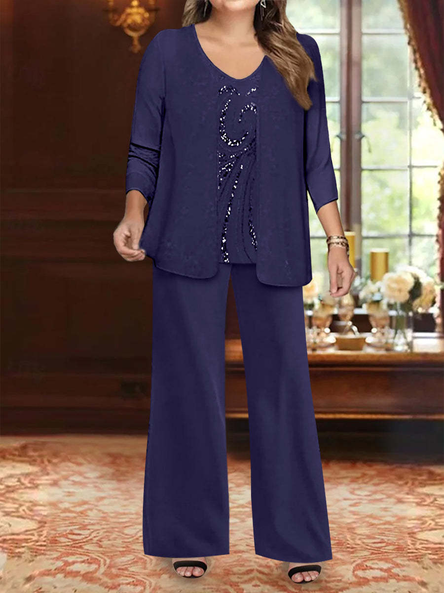 Plus Size 3-Piece Mother of the Bride Chiffon Pantsuit with V-Neck Floor-Length Jacket & Sequins