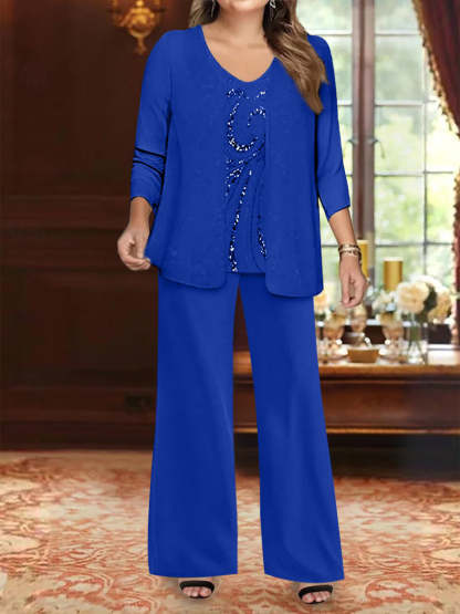 Plus Size 3-Piece Mother of the Bride Chiffon Pantsuit with V-Neck Floor-Length Jacket & Sequins