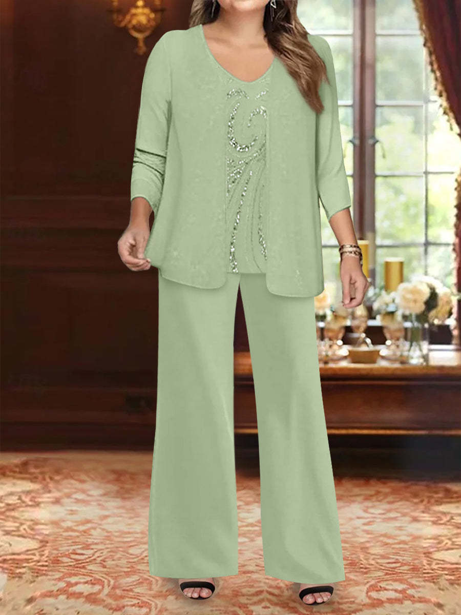 Plus Size 3-Piece Mother of the Bride Chiffon Pantsuit with V-Neck Floor-Length Jacket & Sequins