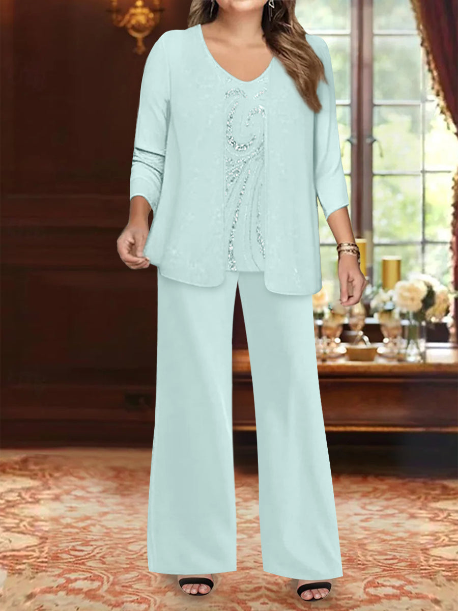 Plus Size 3-Piece Mother of the Bride Chiffon Pantsuit with V-Neck Floor-Length Jacket & Sequins