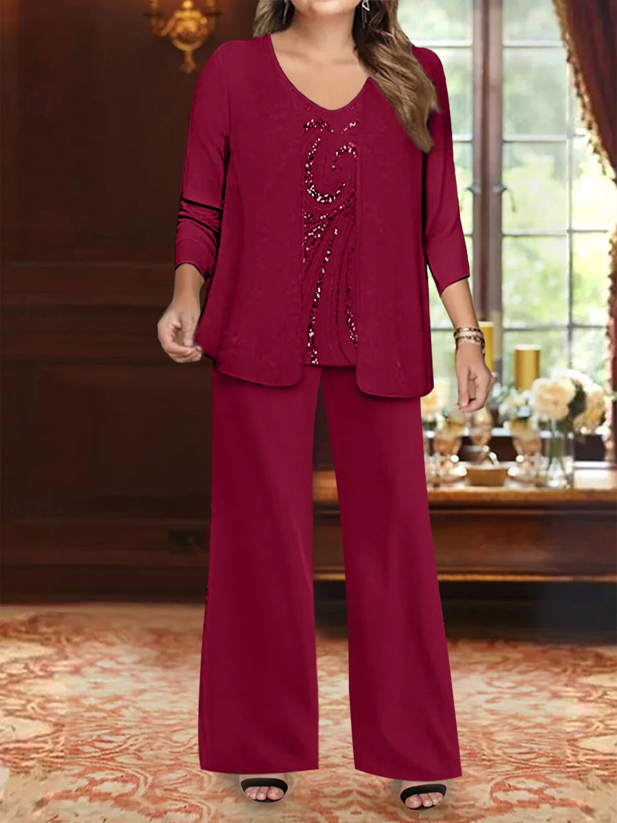 Plus Size 3-Piece Mother of the Bride Chiffon Pantsuit with V-Neck Floor-Length Jacket & Sequins