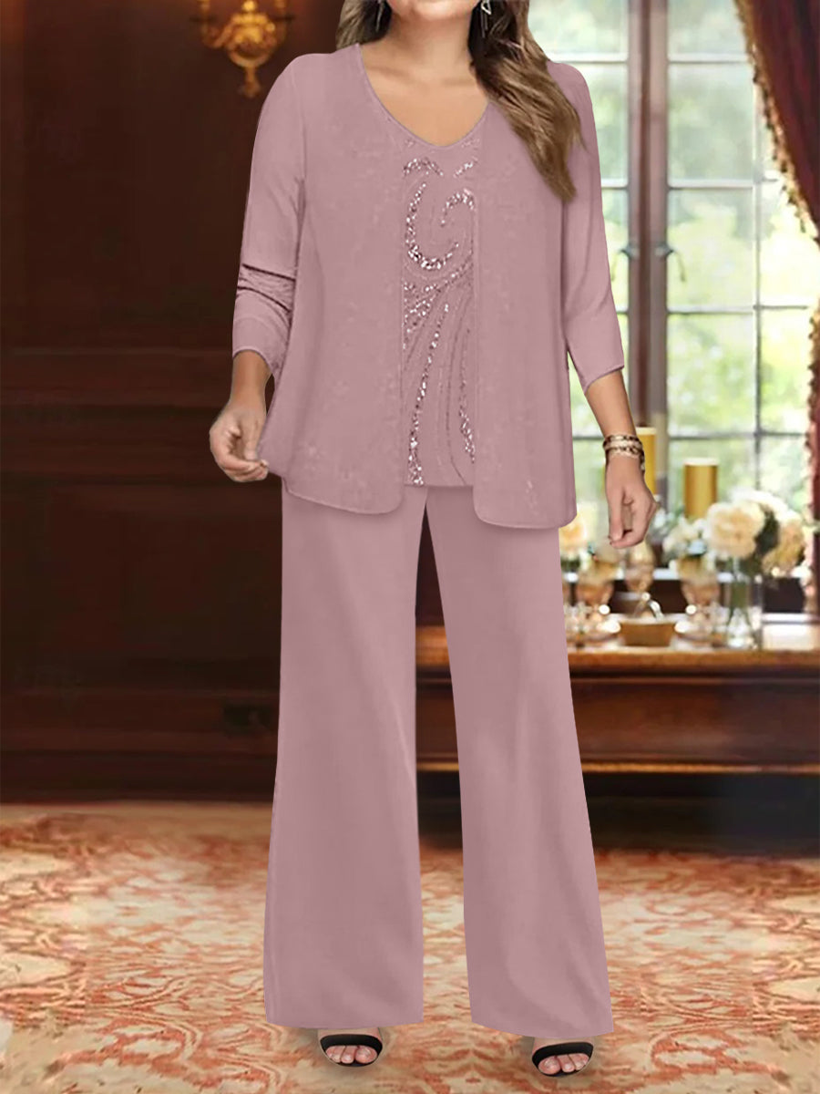 Plus Size 3-Piece Mother of the Bride Chiffon Pantsuit with V-Neck Floor-Length Jacket & Sequins