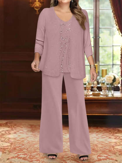 Plus Size 3-Piece Mother of the Bride Chiffon Pantsuit with V-Neck Floor-Length Jacket & Sequins