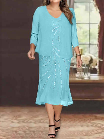 Plus Size V-Neck Chiffon Mother of the Bride Dress Set with Knee-Length Jacket and Sequins