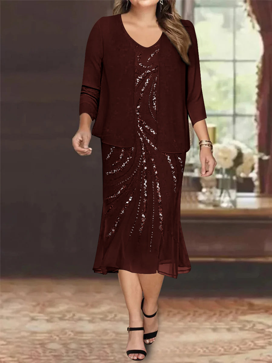 Plus Size V-Neck Chiffon Mother of the Bride Dress Set with Knee-Length Jacket and Sequins