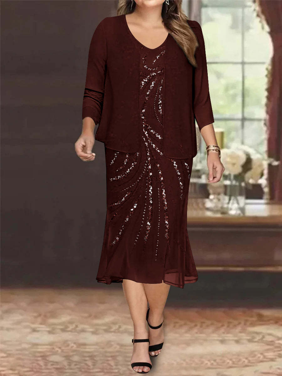 Plus Size V-Neck Chiffon Mother of the Bride Dress Set with Knee-Length Jacket and Sequins