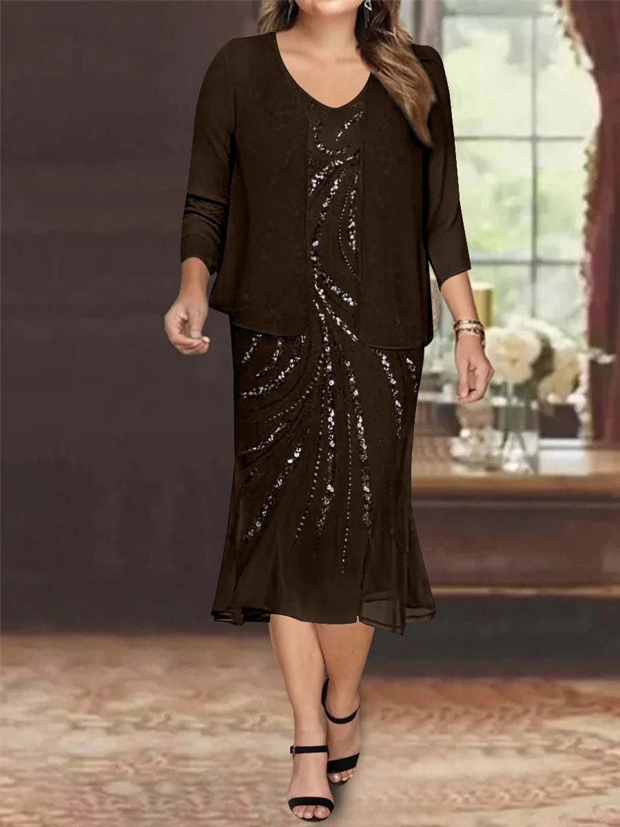 Plus Size V-Neck Chiffon Mother of the Bride Dress Set with Knee-Length Jacket and Sequins