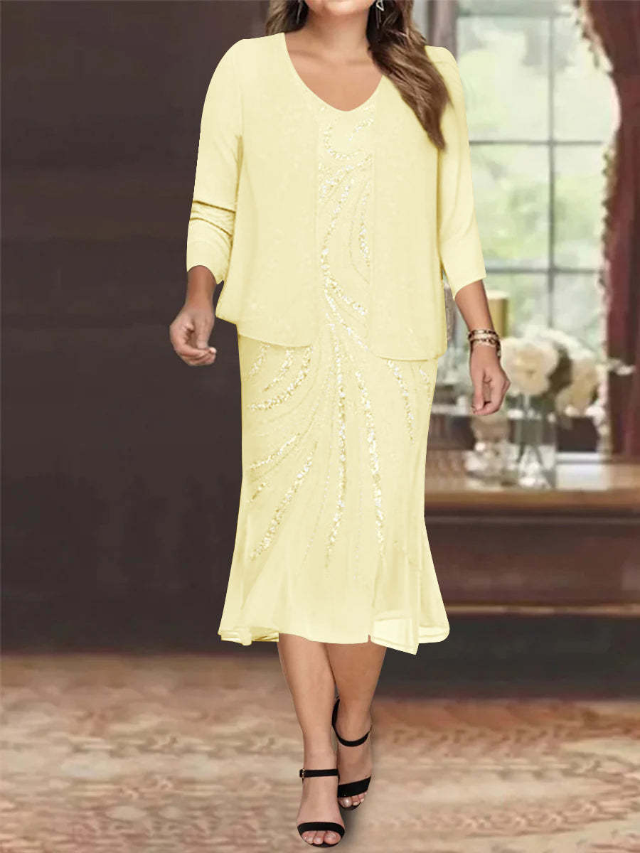 Plus Size V-Neck Chiffon Mother of the Bride Dress Set with Knee-Length Jacket and Sequins