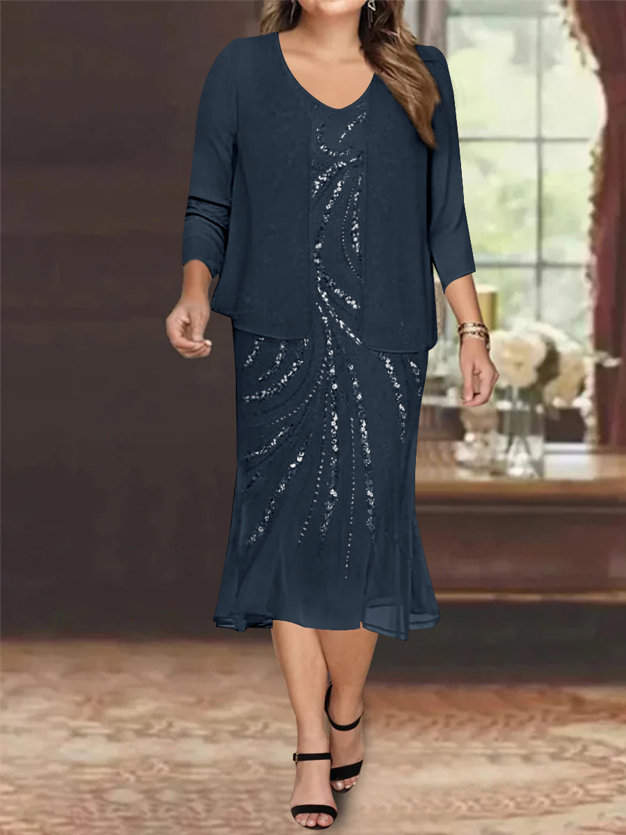 Plus Size V-Neck Chiffon Mother of the Bride Dress Set with Knee-Length Jacket and Sequins