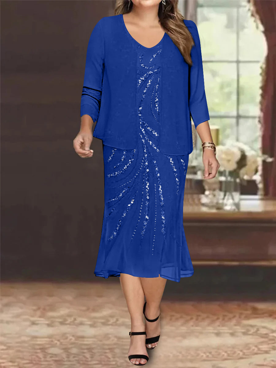 Plus Size V-Neck Chiffon Mother of the Bride Dress Set with Knee-Length Jacket and Sequins