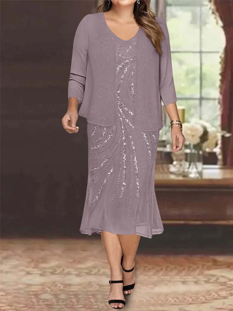 Plus Size V-Neck Chiffon Mother of the Bride Dress Set with Knee-Length Jacket and Sequins