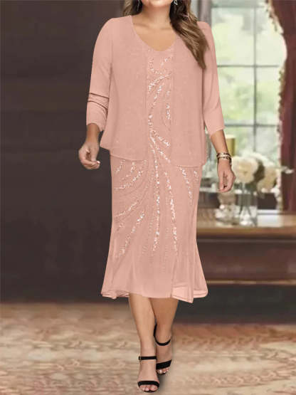 Plus Size V-Neck Chiffon Mother of the Bride Dress Set with Knee-Length Jacket and Sequins