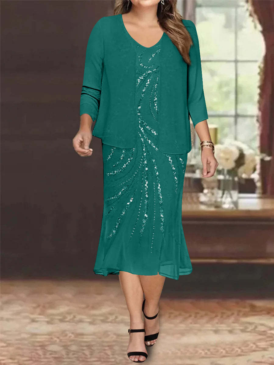 Plus Size V-Neck Chiffon Mother of the Bride Dress Set with Knee-Length Jacket and Sequins