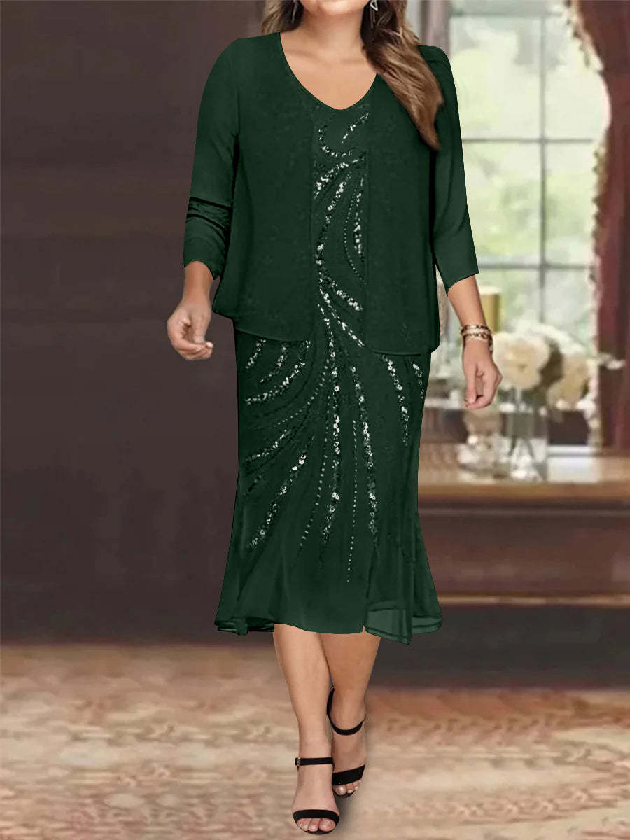 Plus Size V-Neck Chiffon Mother of the Bride Dress Set with Knee-Length Jacket and Sequins