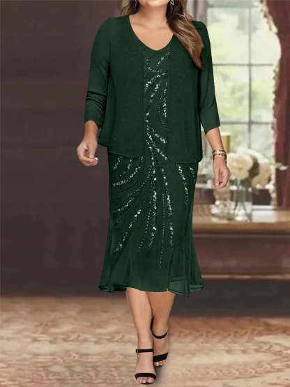 Plus Size V-Neck Chiffon Mother of the Bride Dress Set with Knee-Length Jacket and Sequins