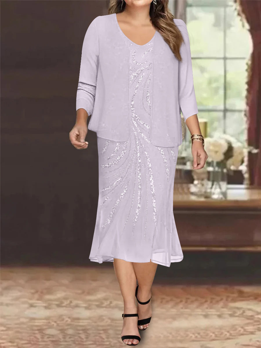 Plus Size V-Neck Chiffon Mother of the Bride Dress Set with Knee-Length Jacket and Sequins