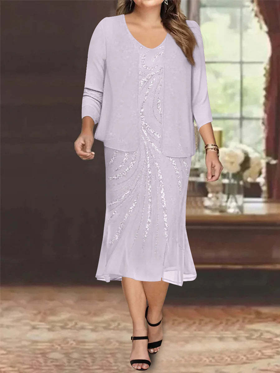 Plus Size V-Neck Chiffon Mother of the Bride Dress Set with Knee-Length Jacket and Sequins