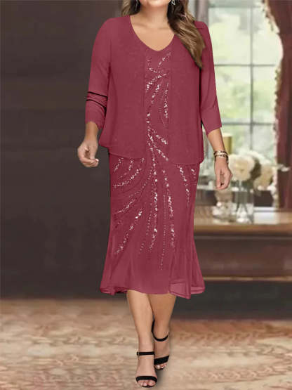 Plus Size V-Neck Chiffon Mother of the Bride Dress Set with Knee-Length Jacket and Sequins