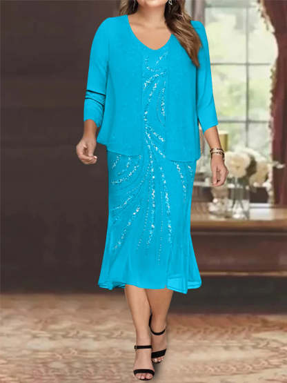 Plus Size V-Neck Chiffon Mother of the Bride Dress Set with Knee-Length Jacket and Sequins