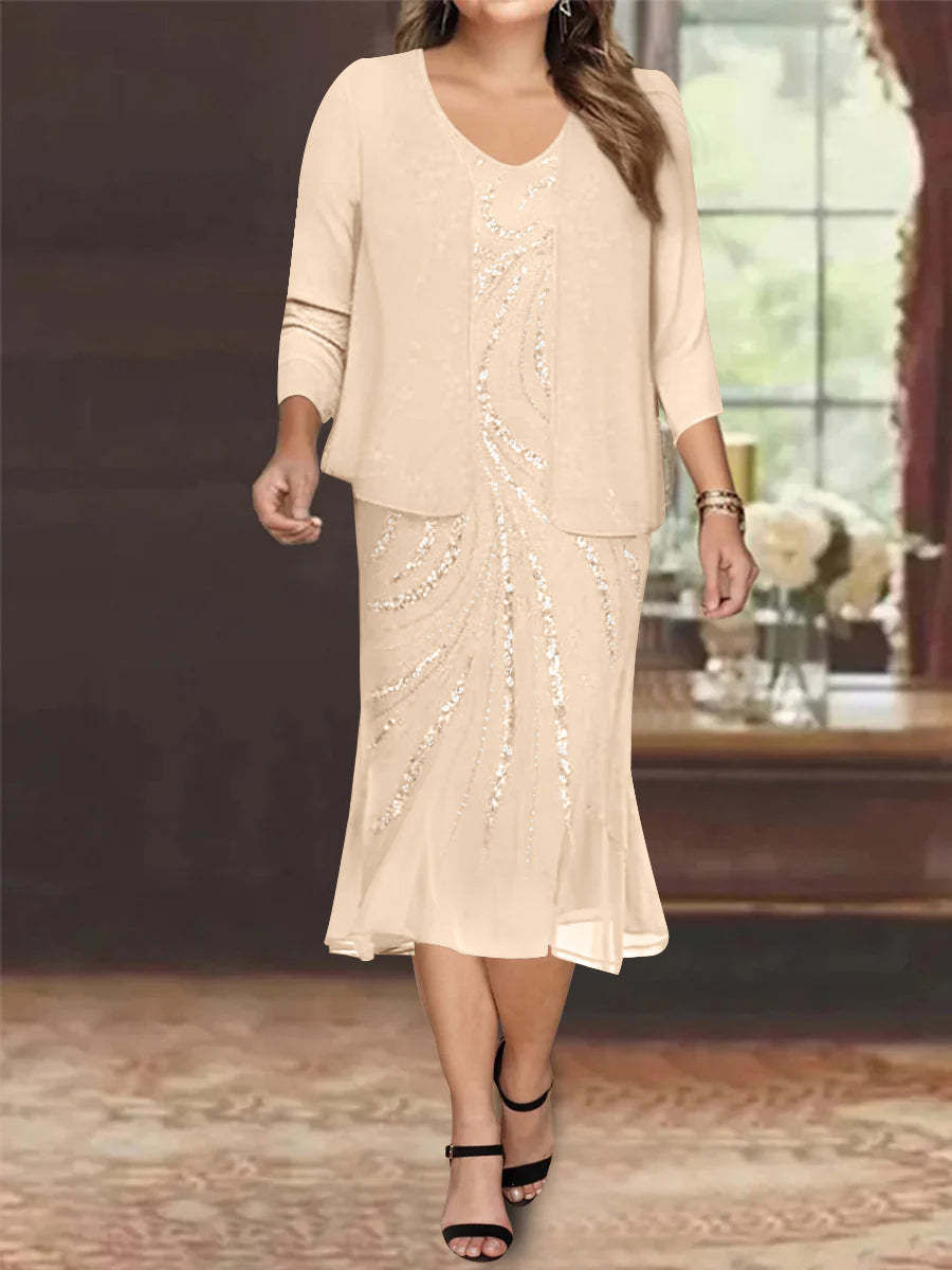 Plus Size V-Neck Chiffon Mother of the Bride Dress Set with Knee-Length Jacket and Sequins