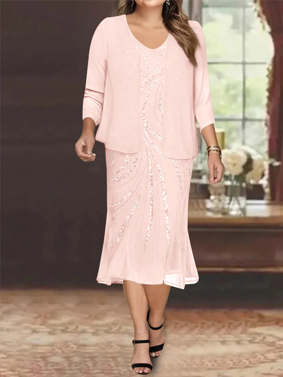 Plus Size V-Neck Chiffon Mother of the Bride Dress Set with Knee-Length Jacket and Sequins