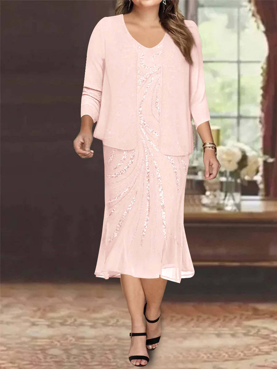 Plus Size V-Neck Chiffon Mother of the Bride Dress Set with Knee-Length Jacket and Sequins
