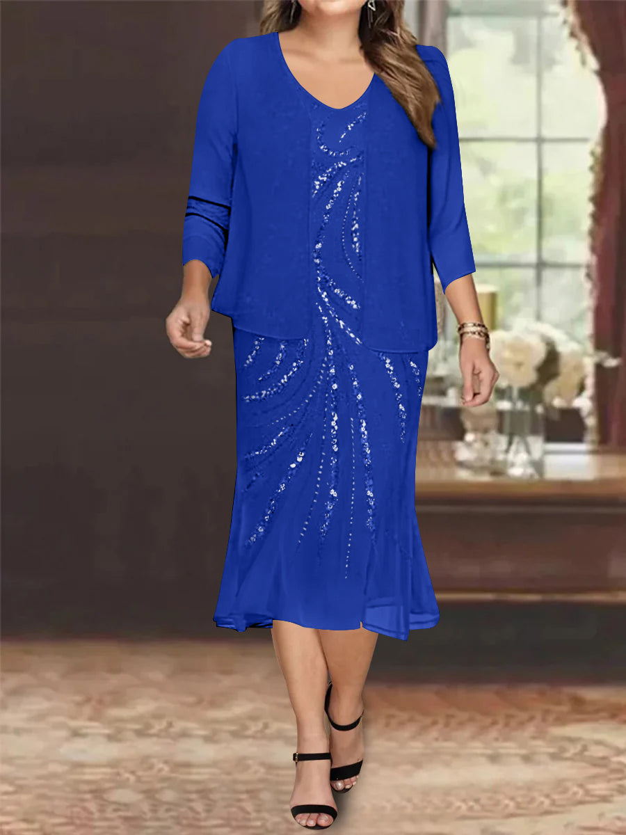 Plus Size V-Neck Chiffon Mother of the Bride Dress Set with Knee-Length Jacket and Sequins