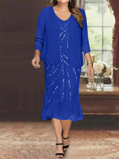 Plus Size V-Neck Chiffon Mother of the Bride Dress Set with Knee-Length Jacket and Sequins