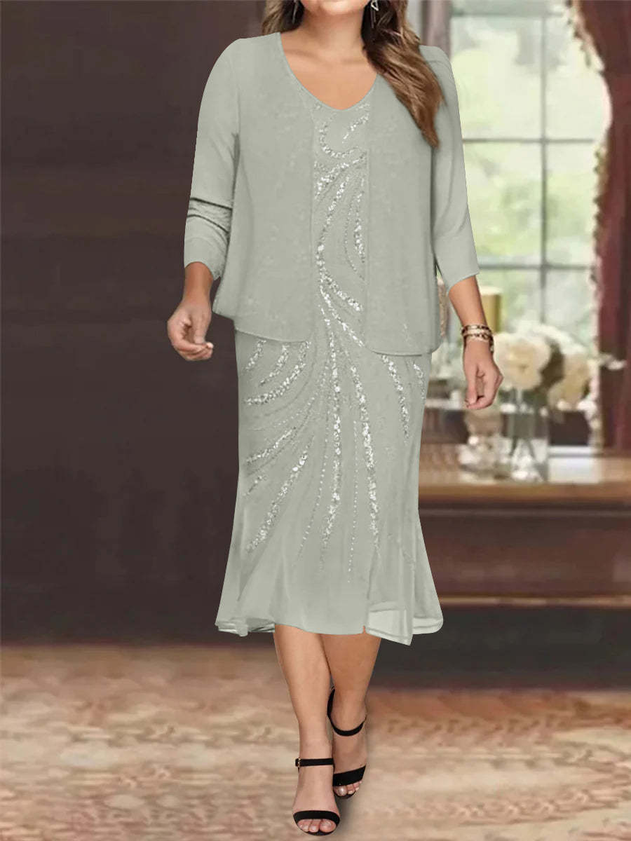Plus Size V-Neck Chiffon Mother of the Bride Dress Set with Knee-Length Jacket and Sequins