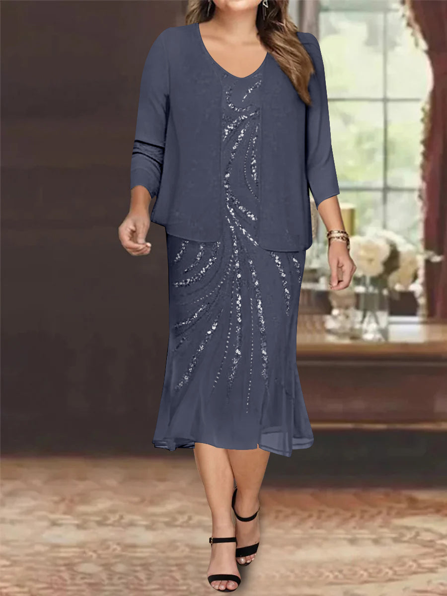 Plus Size V-Neck Chiffon Mother of the Bride Dress Set with Knee-Length Jacket and Sequins