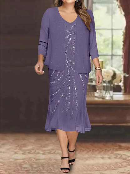 Plus Size V-Neck Chiffon Mother of the Bride Dress Set with Knee-Length Jacket and Sequins