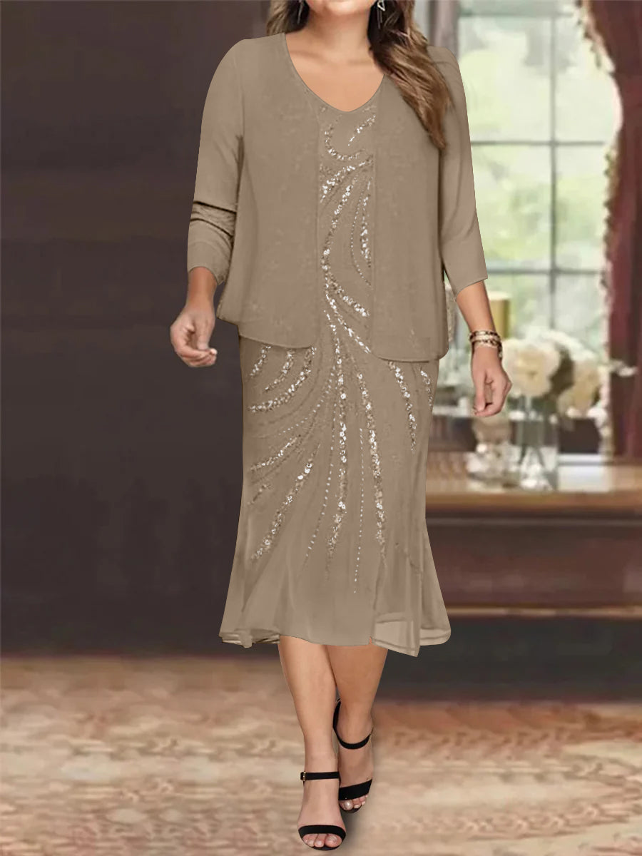Plus Size V-Neck Chiffon Mother of the Bride Dress Set with Knee-Length Jacket and Sequins