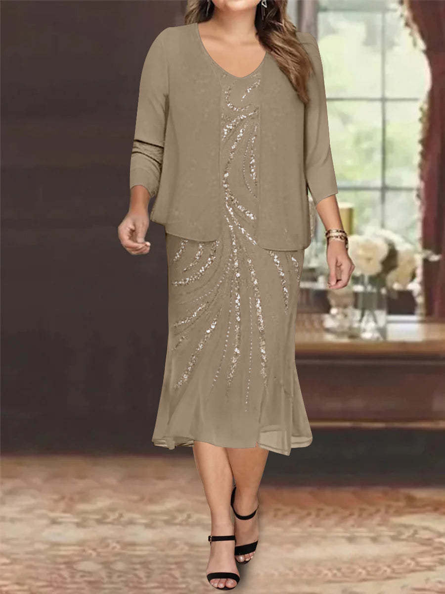 Plus Size V-Neck Chiffon Mother of the Bride Dress Set with Knee-Length Jacket and Sequins