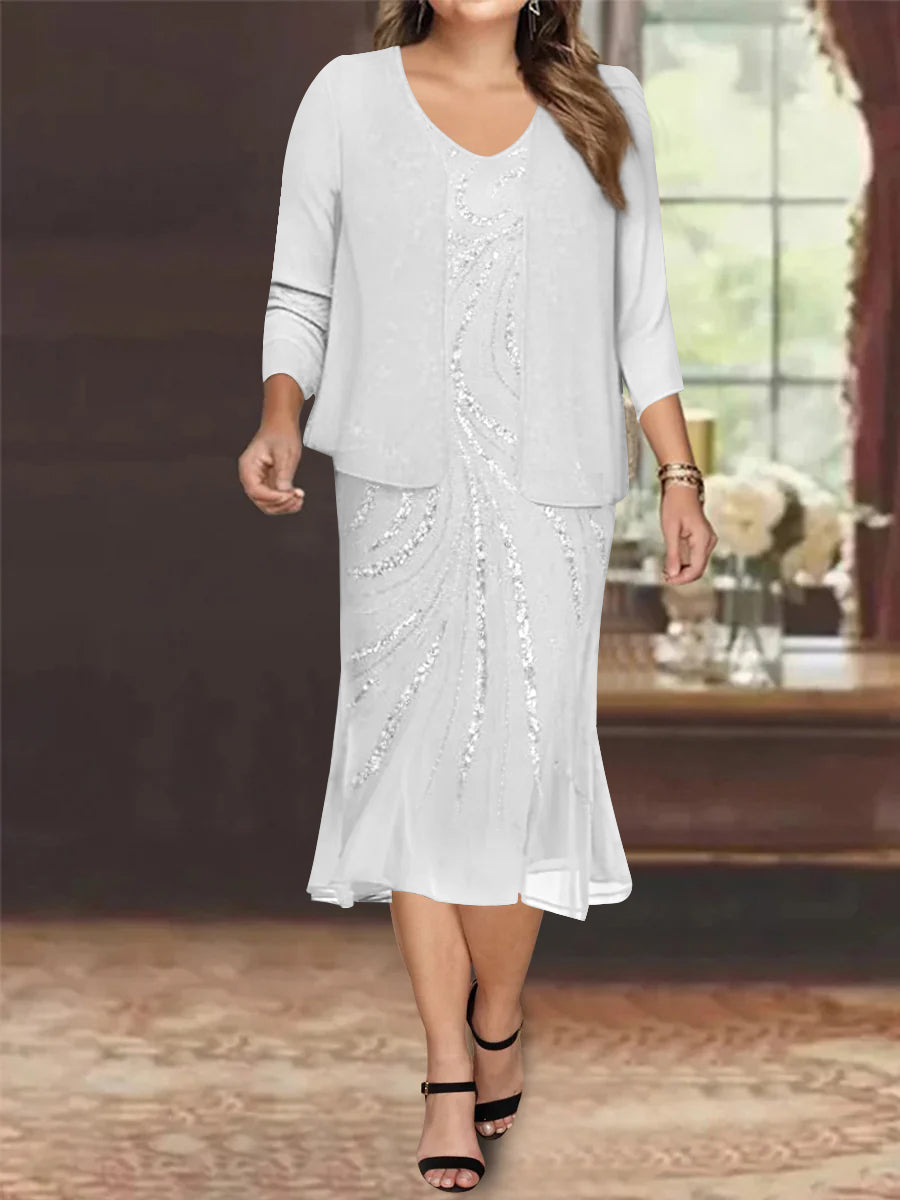 Plus Size V-Neck Chiffon Mother of the Bride Dress Set with Knee-Length Jacket and Sequins