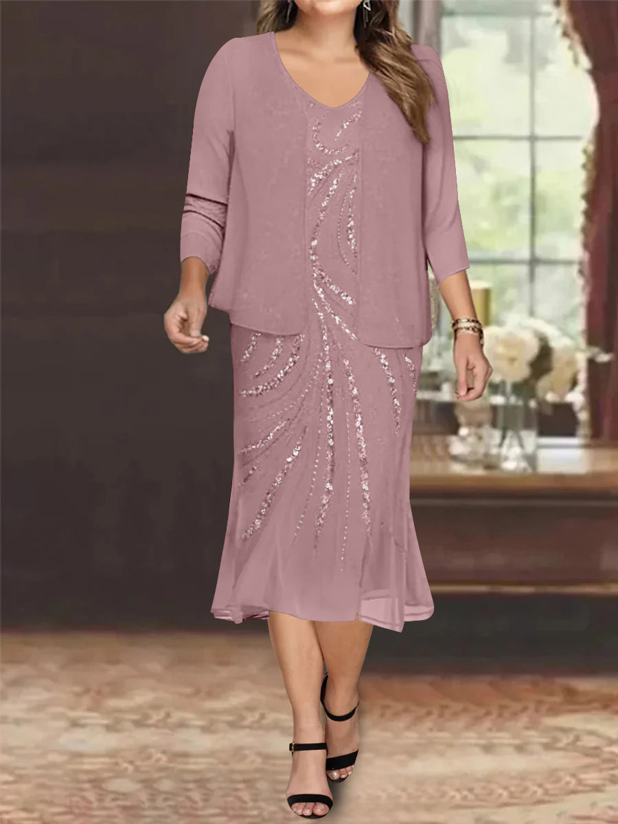 Plus Size V-Neck Chiffon Mother of the Bride Dress Set with Knee-Length Jacket and Sequins