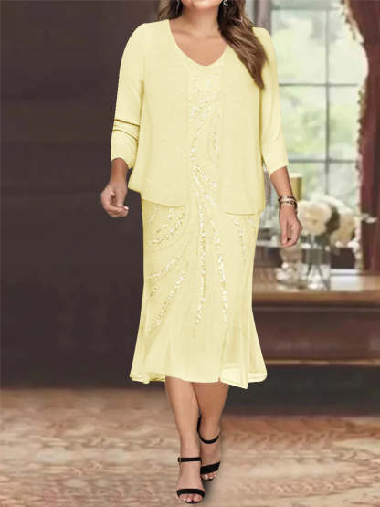 Plus Size V-Neck Chiffon Mother of the Bride Dress Set with Knee-Length Jacket and Sequins
