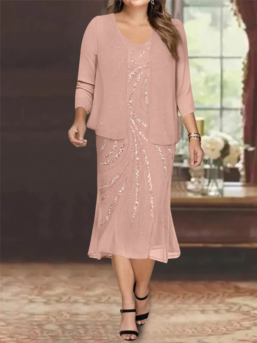 Plus Size V-Neck Chiffon Mother of the Bride Dress Set with Knee-Length Jacket and Sequins