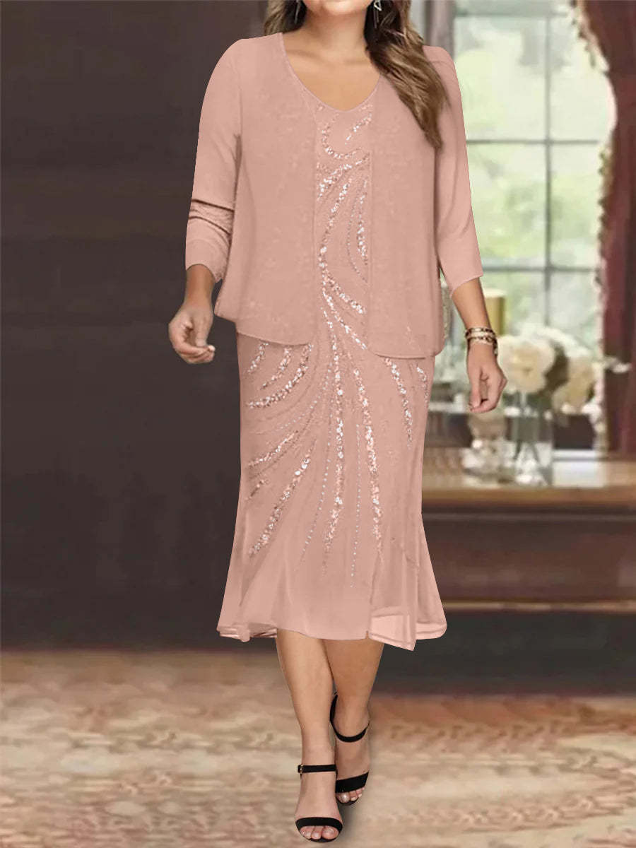 Plus Size V-Neck Chiffon Mother of the Bride Dress Set with Knee-Length Jacket and Sequins