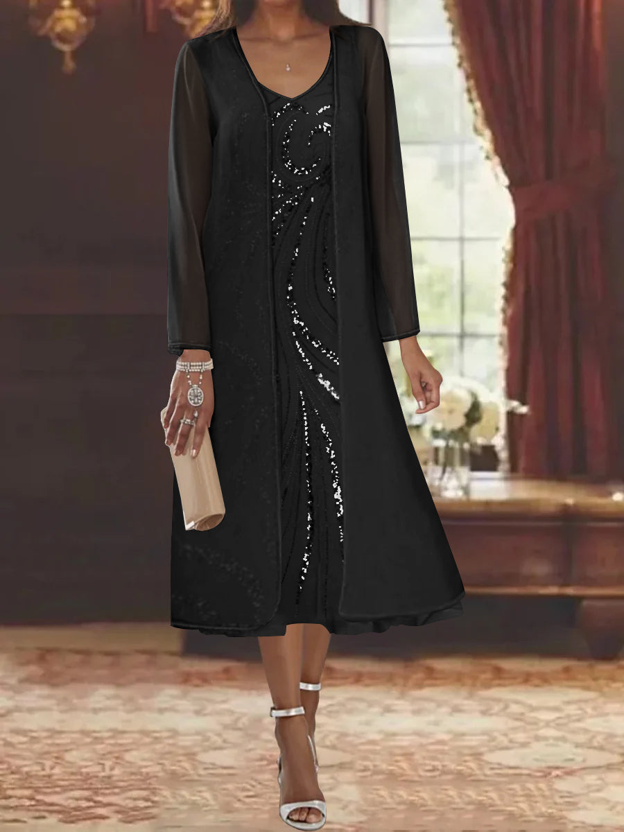 V-Neck Long-Sleeve Tea-Length Mother of the Bride Dress with Jacket and Sequins