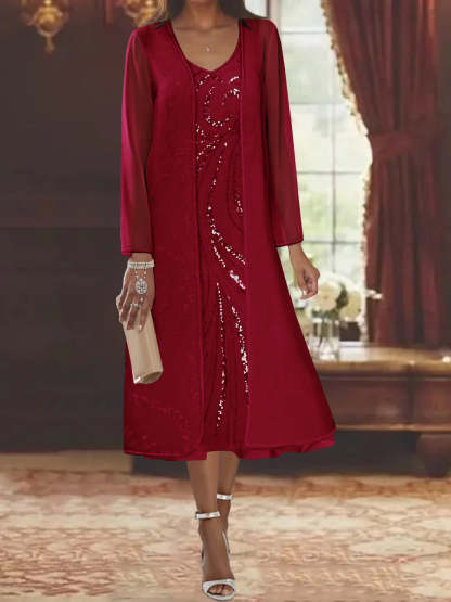 V-Neck Long-Sleeve Tea-Length Mother of the Bride Dress with Jacket and Sequins