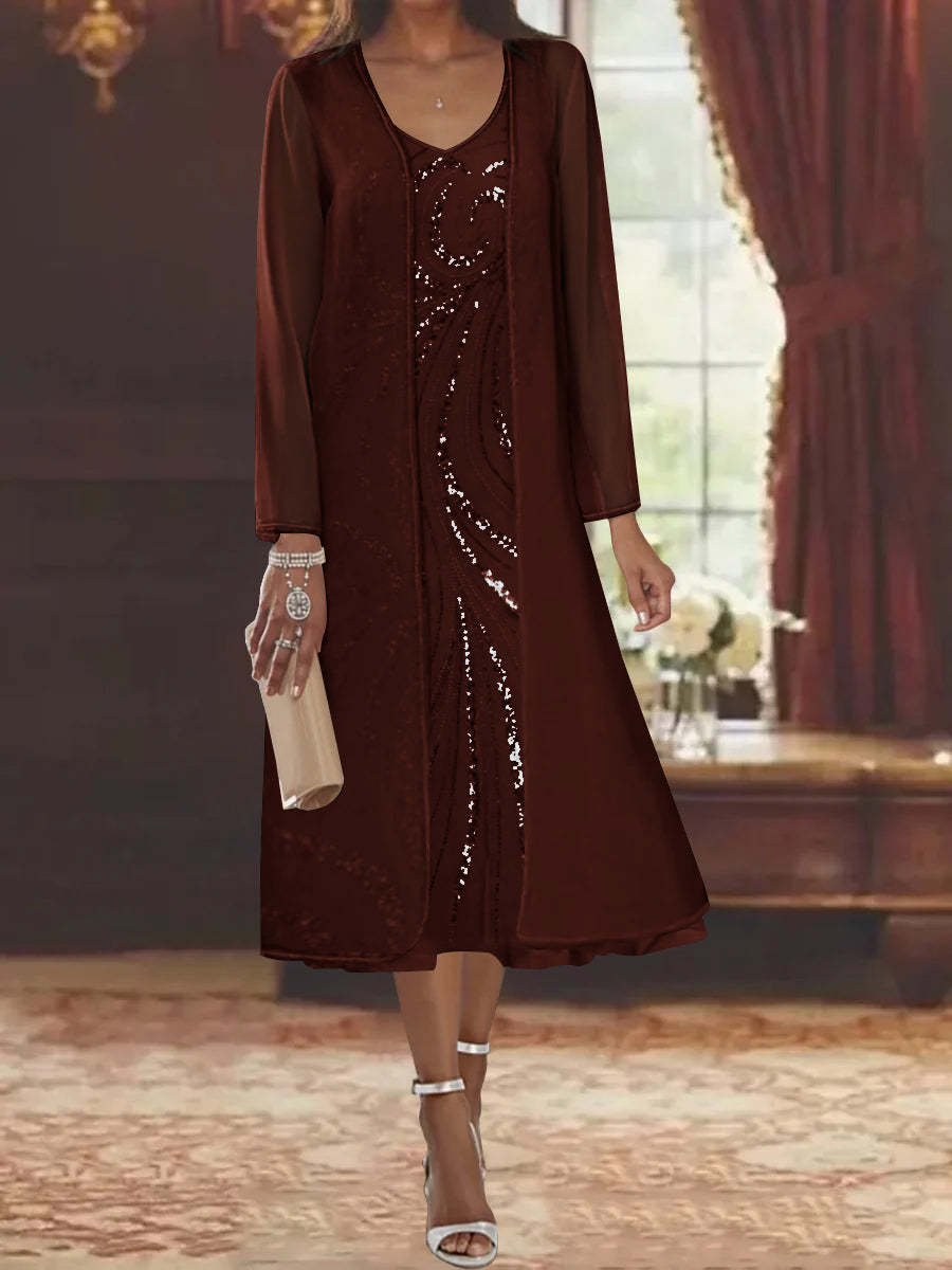 V-Neck Long-Sleeve Tea-Length Mother of the Bride Dress with Jacket and Sequins