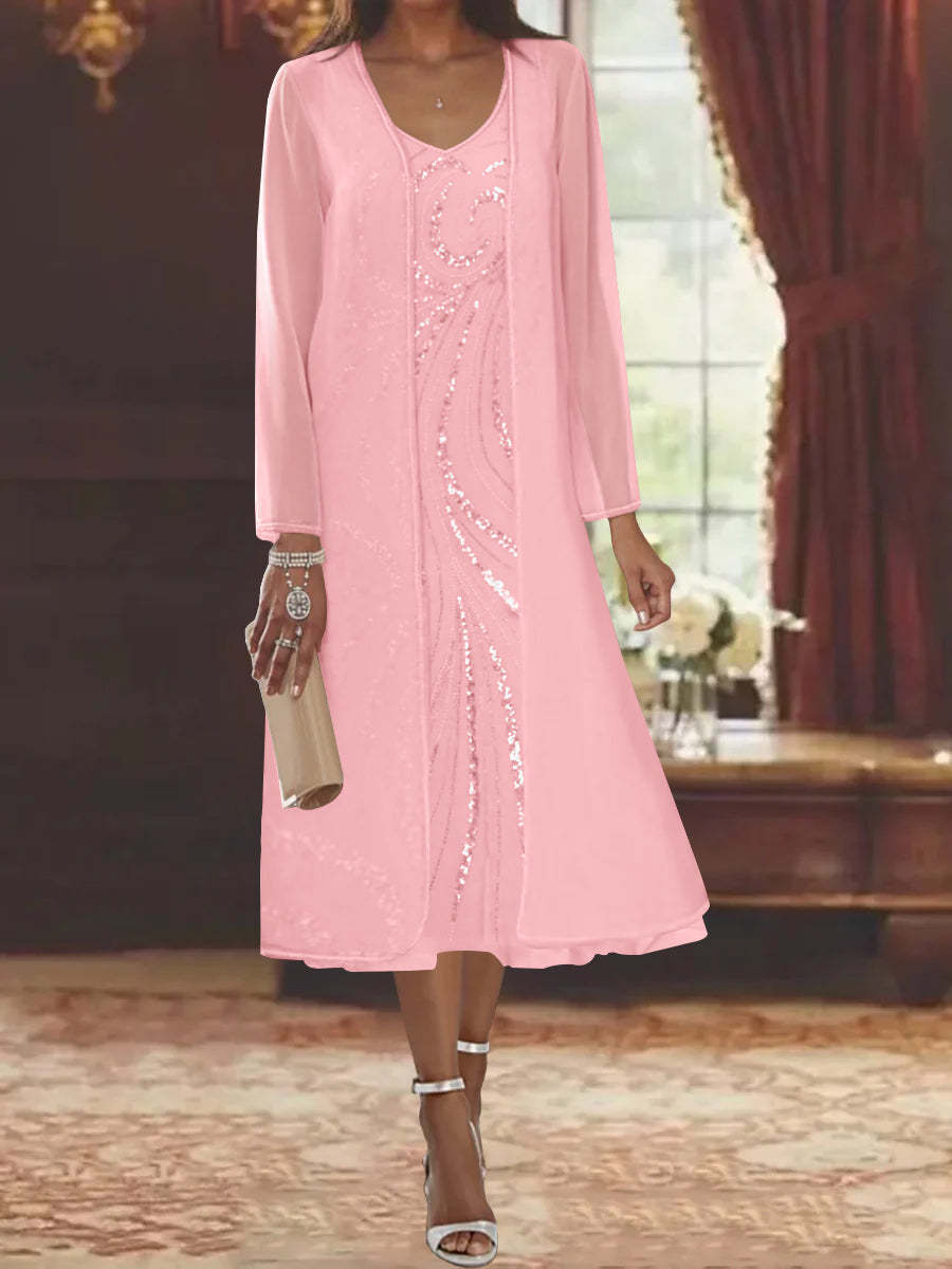 V-Neck Long-Sleeve Tea-Length Mother of the Bride Dress with Jacket and Sequins