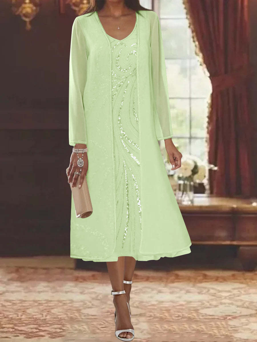 V-Neck Long-Sleeve Tea-Length Mother of the Bride Dress with Jacket and Sequins