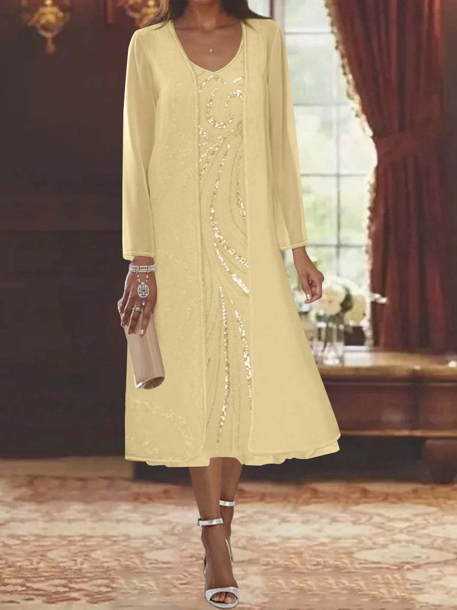 V-Neck Long-Sleeve Tea-Length Mother of the Bride Dress with Jacket and Sequins