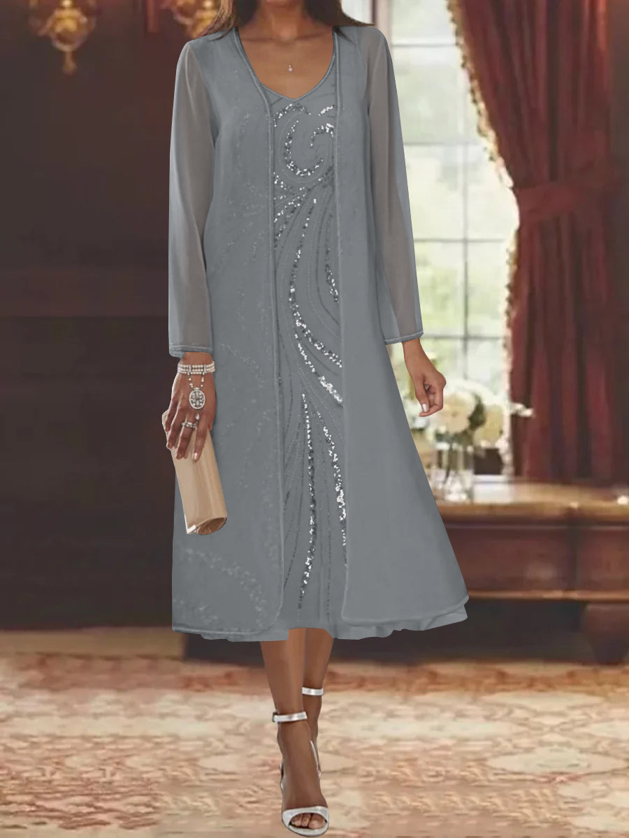 V-Neck Long-Sleeve Tea-Length Mother of the Bride Dress with Jacket and Sequins