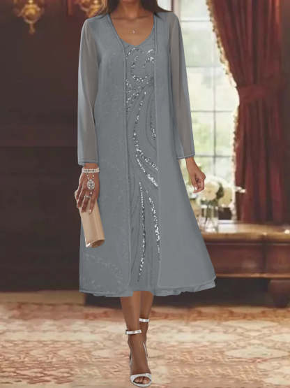 V-Neck Long-Sleeve Tea-Length Mother of the Bride Dress with Jacket and Sequins