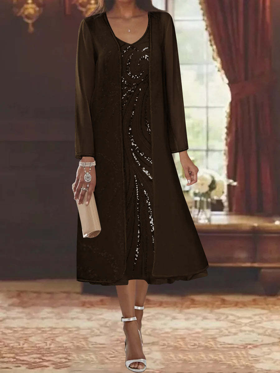 V-Neck Long-Sleeve Tea-Length Mother of the Bride Dress with Jacket and Sequins