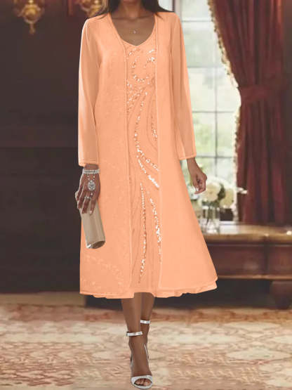 V-Neck Long-Sleeve Tea-Length Mother of the Bride Dress with Jacket and Sequins