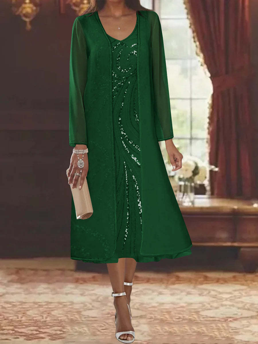 V-Neck Long-Sleeve Tea-Length Mother of the Bride Dress with Jacket and Sequins